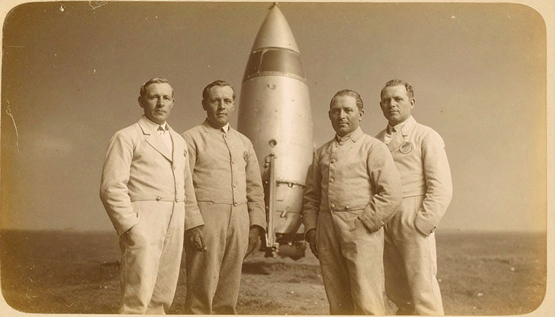 Retro photo of rocketeers in front of a rocket