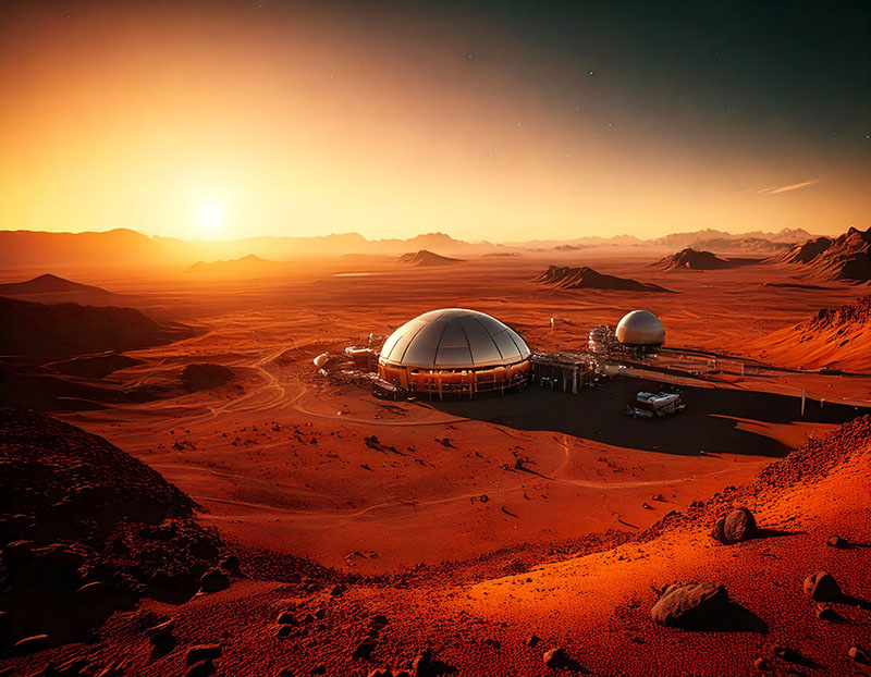 An AI image of a base for humans on the planet Mars